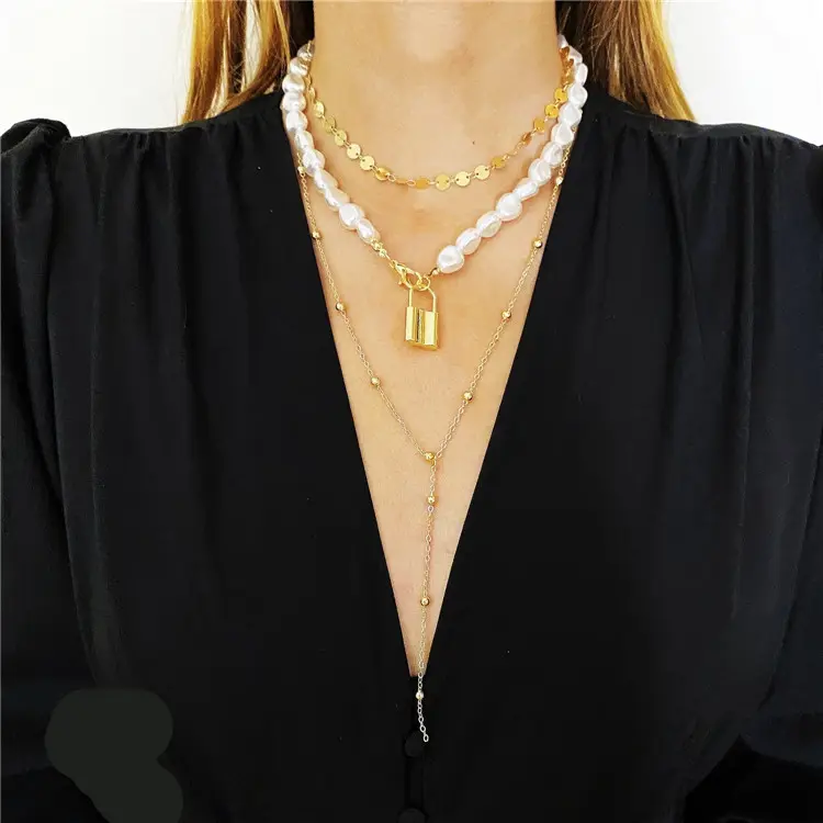 Gold Multilayer Pendant Necklace Jewelry Diamonds Lock Pearl Necklace Exaggerated Thick Lattice Chain