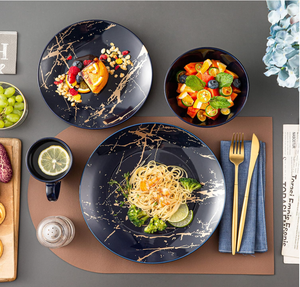 ชุดอาหารค่ำเซรามิกสีน้ำเงินกรมท่าลายหินอ่อนทอง 16 ชิ้น ชุดจาน ชาม แก้วน้ำ สำหรับ 4 ที่ หรูหรา สำหรับครัว โรงแรม ร้านอาหาร งานแต่งงาน ขายส่ง - Product Image 3