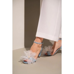 Women's Sandals Slingback Open Round Toe Heeled Sandals Femme Ankle Strap Blue Bridal Shoes with White Flower Wedding Shoes - Product Image 4