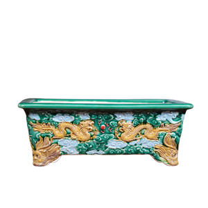 Handmade Glazed Rectangular Bonsai <b>Pot</b> With Chinese Dragon Design Teal <b>Ceramic</b> Planter For Indoor Outdoor Use - Product Image 5