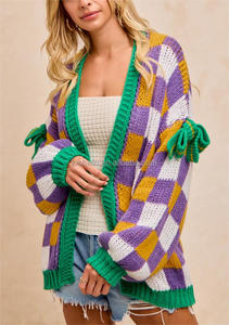 Femmes décontracté Mardi Gras damier nœud décor ouvert Cardigan pull hiver saison avant Logo goutte épaule coupe ample - Product Image 6