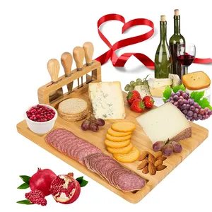 wholesale acacia wood bamboo cheese board with Cutlery knife set 4 knives cheese cutting board