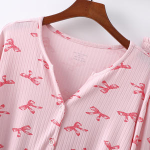 PJ-055 Conjunto de pantalones de manga larga de modal acanalado para mujer, cárdigan con cuello en V, ropa para el hogar, rosa, blanco - Product Image 5