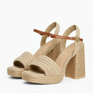 Sandales à talons hauts épais pour femmes, plateforme fantaisie, matériaux tressés, bout ouvert, à bride cheville, style escarpins - Product Image 4