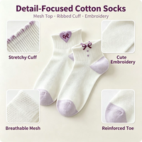 Chaussettes courtes en coton pour femmes, motif cœur violet et nœud, respirantes, décontractées, style japonais, vente en gros sur mesure