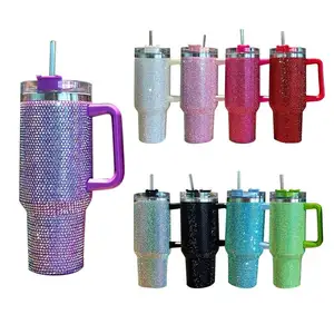 Wholesale Custom Pattern 40Oz Stainless Steel Double Wall Insulated Mug Bling Bling Rhinestone Tumbler With Lid And Straw
