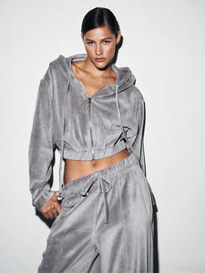 Moda mujer de manga larga con capucha suéter pantalón traje Casual con cordones cintura corta <span class=keywords><strong>faja</strong></span> conjunto de dos piezas para mujer - Product Image 5