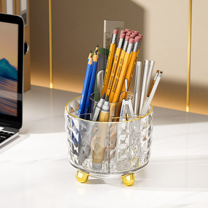 <b>Rotating</b> Pen Holder Round Glass <b>Desk</b> Organizer With Gold Feet For Office Stationery Storage - Product Image 3