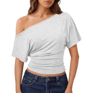 Off The Shoulder <b>Top</b> Women Short Sleeve Ruched Crop <b>Top</b> Casual Summer Clothes <b>One</b> Shoulder T Shirt Breathable Cotton - Product Image 1