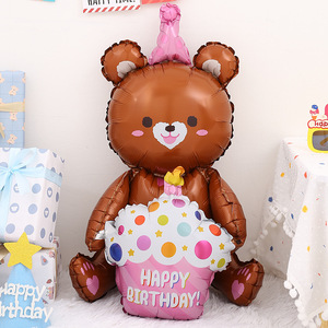 4D Sitting Bear Holding Cake Balloon Woodland AnimalsJungle Safari Cartoon Balloon Girls Happy Birthday Party Decor regali per bambini - Product Image 4