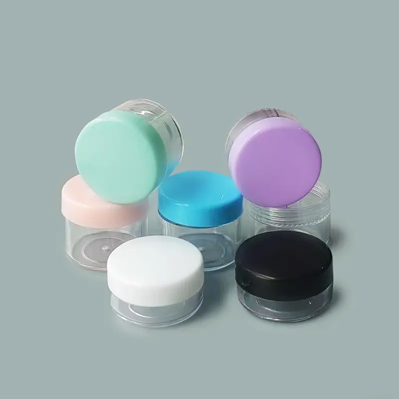 Frascos de plástico PS transparente vazios pequenos para creme facial, recipiente cosmético com tampas coloridas, mini 10g 15g 20g