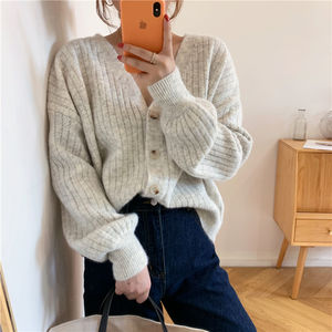 <strong>Best</strong>-Selling Soft V-neck Lantern Sleeve Buckle Sweater Women's Autumn Pit Strip Loose Lazy Knitted <strong>Cardigan</strong> Coat Top Korean - Product Image 1