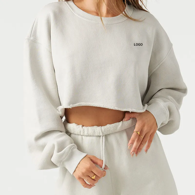Fashionable Sexy Fall Women Crew Neck Sweatshirt Loose-fitting Cropped Pullover Raw Cut Hem Tops