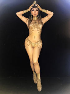 Pagliaccetti Sexy Skinny elasticizzati in cristallo dorato donna egitto Showgirl Dance One Piece tuta Nightclub <span class=keywords><strong>Prom</strong></span> tute tute - Product Image 3