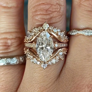 Ensemble de bagues en laiton romantique OJ, 3 pièces, plaqué or <span class=keywords><strong>champagne</strong></span> pour femmes, zircon 3A, coupe marquise, bague de fiançailles, bague de mariage - Product Image 2