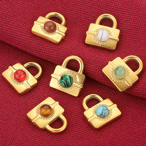 PVD Gold Stainless Steel <b>Padlock</b> Charm Pendant with Natural Stones for Necklace or Bracelet Lovers Couples Jewelry Set Making - Product Image 5