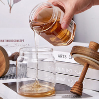Dispensador de miel y jarabe transparente de 500 ml (16 oz) con tapa de madera, tarro de almacenamiento de miel con cucharón de madera, más vendido