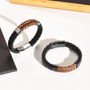 Jewelry Manufacturer Wholesale Stainless Steel Button Black Leather Bracelets - Product Image 2