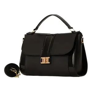 Sac fourre-tout pour femme Fana Clara M3856 en cuir verni noir grande capacité avec rabat et chaîne décorative, sac à main décontracté avec lettres - Product Image 4