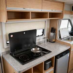 เตาแก๊สและเตาแม่เหล็กไฟฟ้าในตัวเคลือบนาโนสีดำ JDA Wholesale สำหรับรถบ้าน เรือ และครัวรถมอเตอร์โฮม - Product Image 1