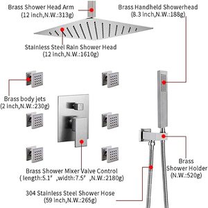 Níquel cepillado latón ducha de lluvia Sistema de 12 pulgadas de montaje en pared grifo de ducha Combo Set - Product Image 4