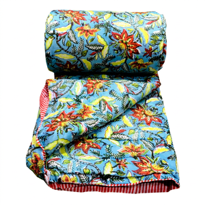 Block Print Reversible Bohemian Printed <b>Quilt</b> with Floral Pattern With Multi Colors Home Use All Season Cotton Fill - Product Image 1