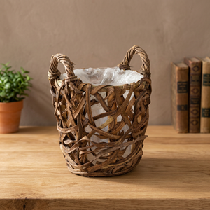 Pot de fleur rectangulaire en brindille fabriqué à la main avec poignée et insert en plastique-Décoration de maison et de jardin écologique non revêtue naturelle - Product Image 3