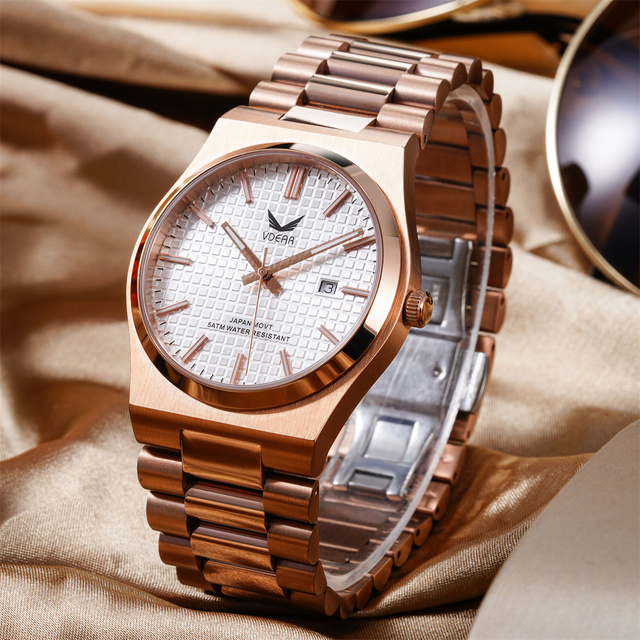 High Quality Business Lattice Pattern Dial Luminous Calendar 5bar Waterproof Luxury Wristwatch Rose Gold Oem Men Quartz Watch