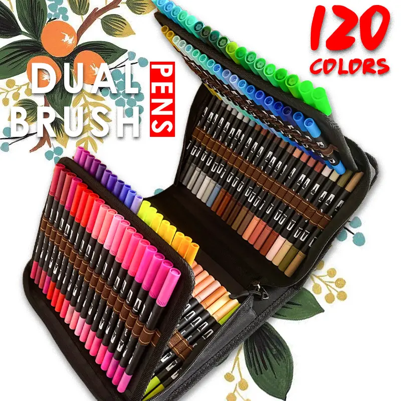 120 Colors Art Markers Set Dual Tips Coloring Brush Fineliner Color Marker Pens Water Based Marker for Calligraphy Drawing