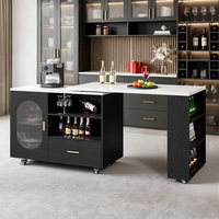 Chariot de bar compact à roulettes, îlot de cuisine avec plateau extensible en marbre blanc, armoire en verre, étagères de rangement, tiroirs et roulettes