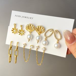 Boucles d'oreilles tendance en gros, minimalistes, plaquées or 18 carats, bijoux à la mode, zircon et perles pour femmes - Product Image 1