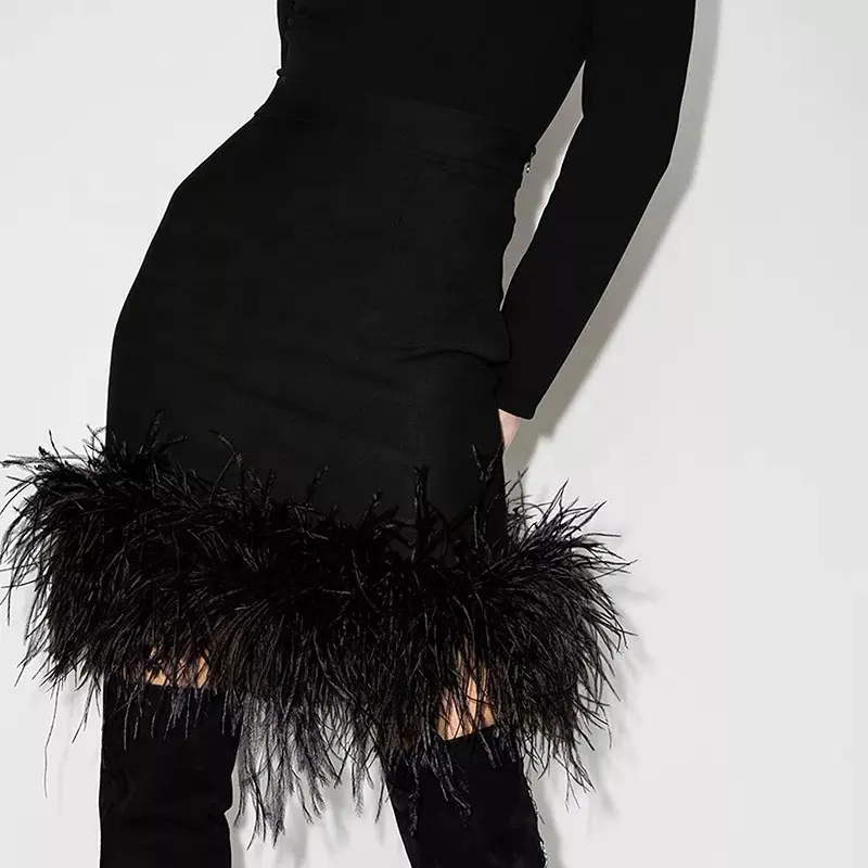 Hot selling sexy black high waist knee length korean mini dress tight pencil feather skirt for women