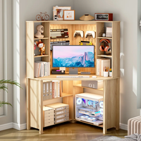 Bureau d'angle pentagonal avec ports USB, éclairage LED réglable et 9 niveaux de rangement ouverts avec dossier perforé