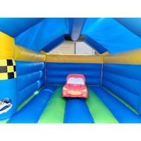 Château gonflable commercial en PVC bleu pour enfants, motif voiture de course, avec support personnalisé, pour fêtes et événements