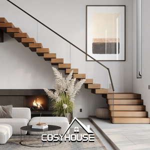 Escalier droit moderne à balustrade câblée avec poutre en acier et marches en bois pour usage résidentiel - Product Image 2