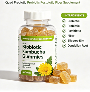Gummies Kombucha 4-en-1 Probiotiques Prébiotiques Postbiotiques Fibres Érable Glissant Apaisant Racine de Pissenlit Détox Anti-ballonnements Fruité - Product Image 1