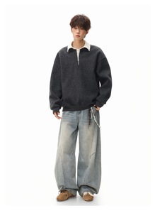 Sweat à capuche col montant en laine épaisse de qualité supérieure pour homme, style vintage, effet deux-pièces, zippé, collection automne 2026 - Product Image 3
