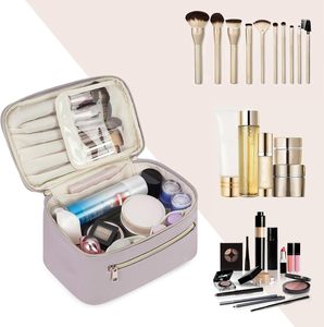 Bolsa de maquillaje de cuero Vegano para mujer Wandering Nature, organizador de maquillaje de viaje con cremallera, estuche de cepillo cosmético pendiente de patente púrpura - Product Image 6