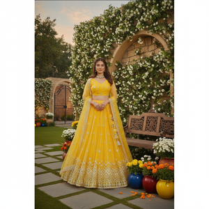 ชุดเลเฮนกาโชลีสีเหลืองเลมอนสำหรับผู้หญิง ลายสัตว์สไตล์วินเทจ แต่งลูกไม้ปัก  ผ้าไนลอน/คอตตอน แห้งเร็ว ชุด 2 ชิ้น รุ่น SD 3010 - Product Image 3