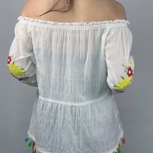 Blusa de Mujer Nueva, Casual, de Algodón y Lino, con Bordado de Encaje Blanco, Manga Larga, Color Blanco - Product Image 4