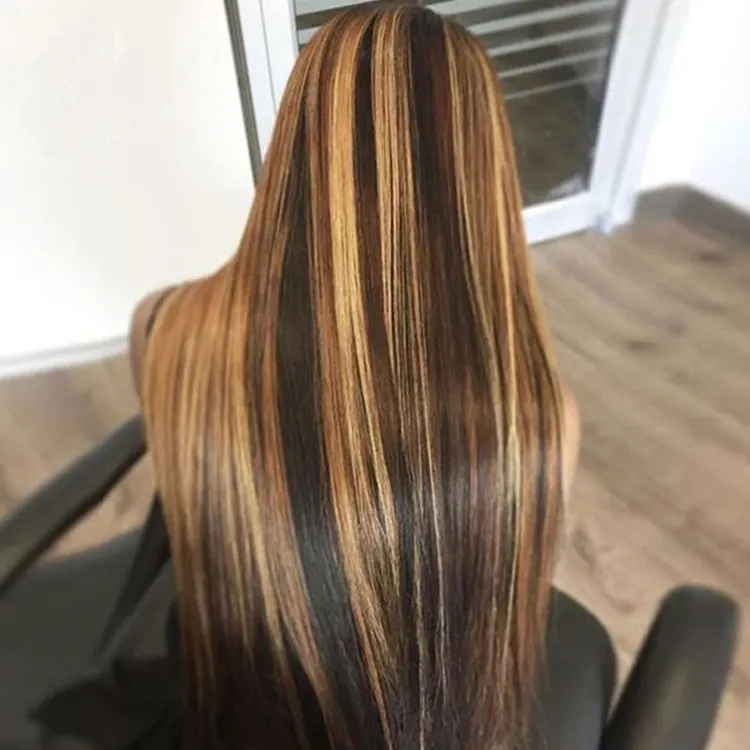 Peruca de cabelo humano, quente mel marrom seda reta parte profunda frontal peruca 4 27 ombre cor highlight virgem cabelo humano 13*6