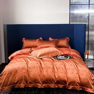 Grosir mewah Orange 100% katun Satin Jacquard halus penutup selimut 4-Piece Set tempat tidur