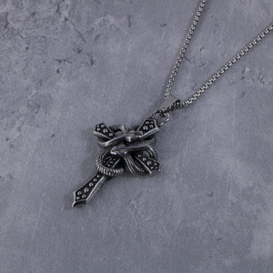 Stainless Steel <b>Cross</b> Pendant <b>With</b> Snake Design Unisex Necklace SP1053 - Product Image 3