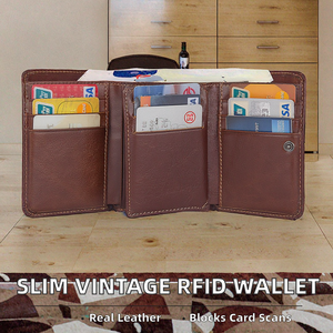 Ultra-Thin Short <b>Men's</b> Vintage Thread Triple Fold Black Leather <b>Wallet</b> RFID Blocking Feature <b>Coin</b> Pouch Open Polyester Lining - Product Image 2