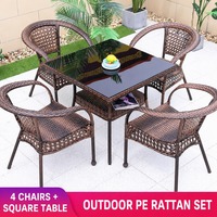 Ensemble de salle à manger en rotin d'extérieur moderne, 5 pièces, table ronde avec 4 chaises, plateau en verre trempé et base de piédestal stable