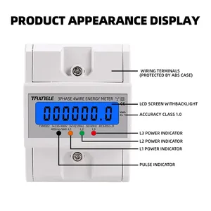 Medidor de consumo de energía electrónico, vatímetro kWh 100A AC 50Hz 60Hz LCD retroiluminación, carril Din, 380V, 3 fases, 4 cables