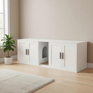 Caja de arena para gatos blanca de 57" x 19" x 20" con doble compartimento para 2 gatos y tapete rascador - Product Image 2