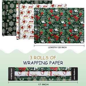 Rollos de Papel de Regalo Navideño Verde y Rojo con Dalias, Bastones de Caramelo y Copos de Nieve, 17x120 Pulgadas, 42.5 Pies Cuadrados, Papel Especial de Doble Cara - Product Image 6
