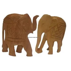 Wooden Hand Carved Trunk Up And Trunk Down Elephants Figurine For Home Bed Room Decoration