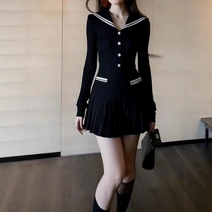 Falda corta de punto con cuello marinero negro francés para mujer, nueva colección de principios de otoño, juvenil, elegante y ceñida a la cintura - Product Image 4